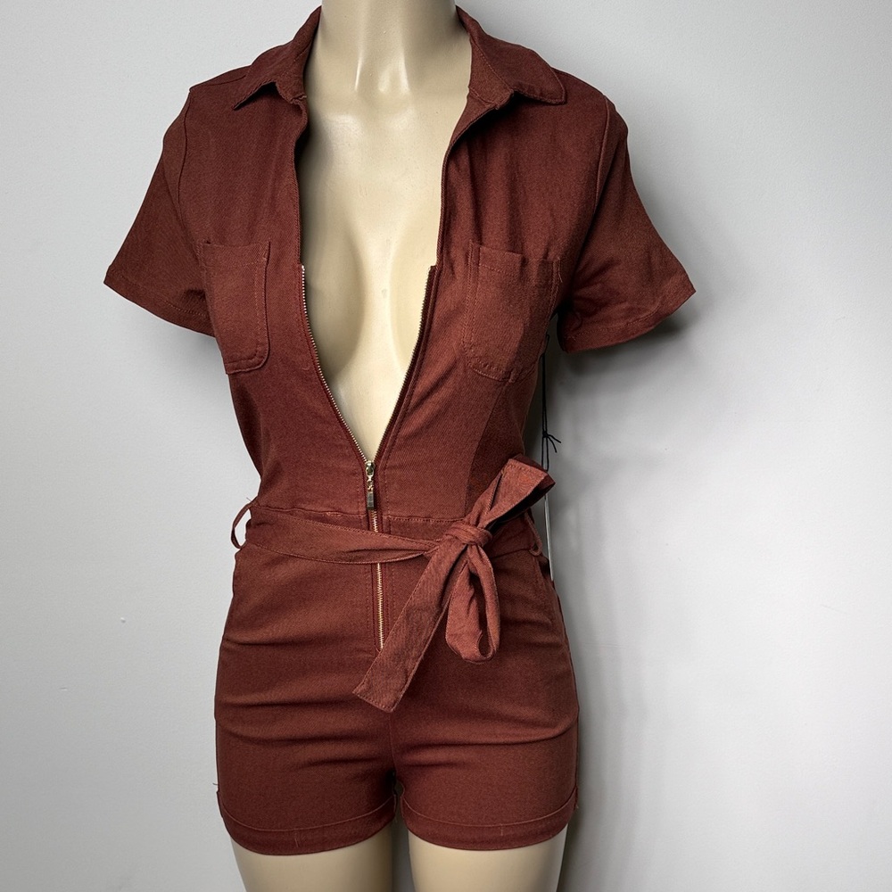 Haute Monde Rust-Toned Short Sleeve Romper with Waist Tie